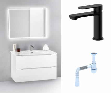 Комплект: Мебель для ванной BelBagno Etna 39 70 bianco lucido + Смеситель для раковины Haiba HB10590-7 черный + Сифон АниПласт