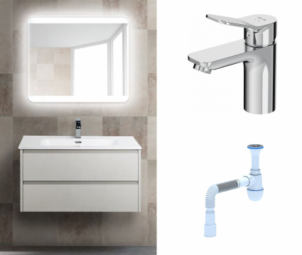 Комплект: Мебель для ванной BelBagno Kraft 39 80 bianco opaco + Смеситель Am.Pm X-Joy F85A02100 Хром + Сифон АниПласт