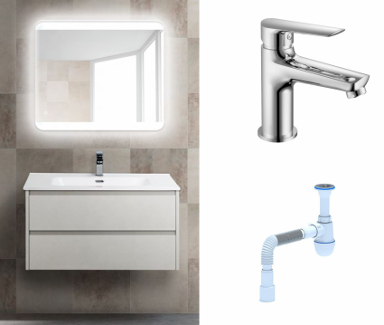 Комплект: Мебель для ванной BelBagno Kraft 39 80 bianco opaco + Смеситель  Haiba HB10198 Хром + Сифон АниПласт