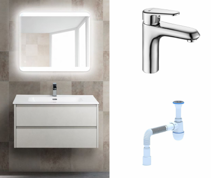 Комплект: Мебель для ванной BelBagno Kraft 39 80 bianco opaco + Смеситель Lemark Point LM0306C Хром + Сифон АниПласт