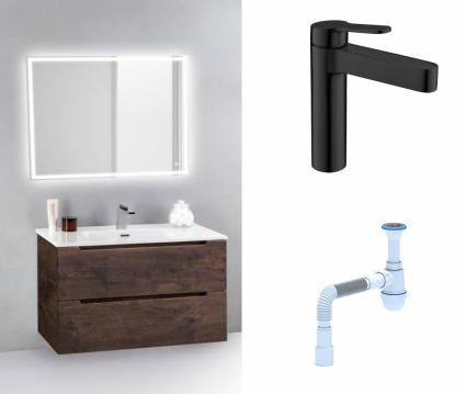 Комплект: Мебель для ванной BelBagno Etna 39 70 rovere moro + Смеситель BelBagno Delta DEL-LVM-NERO черный + Сифон АниПласт