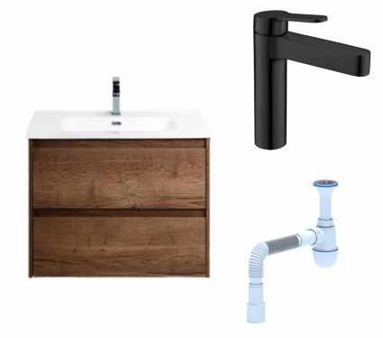 Комплект: Тумба с раковиной BelBagno Kraft 39 50 rovere tabacco + Смеситель  BelBagno Delta DEL-LVM-NERO черный + Сифон АниПласт