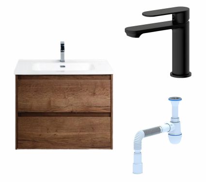 Комплект: Тумба с раковиной BelBagno Kraft 39 50 rovere tabacco + Смеситель  Haiba HB10590-7 черный + Сифон АниПласт