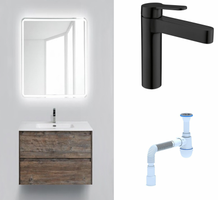 Комплект: Мебель для ванной BelBagno Kraft 39 60 pino pasadena + Смеситель  BelBagno Delta DEL-LVM-NERO черный + Сифон АниПласт