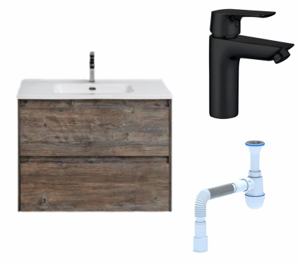 Комплект: Тумба с раковиной BelBagno Kraft 39 70 pino pasadena +Смеситель Aquanet Static AF330-10B черный + Сифон АниПласт