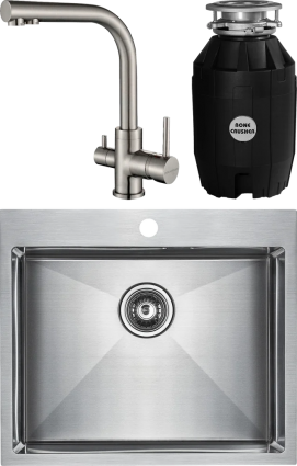 Комплект Мойка кухонная Paulmark Isar PM805951-BS брашированная нержавеющая сталь + Смеситель Essen Es213011-NI никель + Измельчитель Bone Crusher BC 810-AS