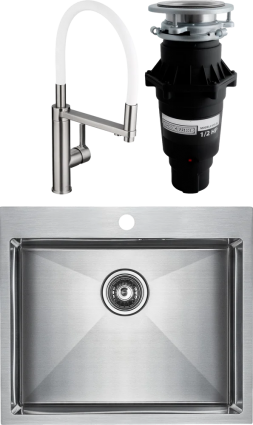 Комплект Мойка кухонная Paulmark Isar PM805951-BS брашированная нержавеющая сталь + Смеситель Swedbe Selene Plus 8641 белый, нержавеющая сталь + Измельчитель Bone Crusher BC 810-SL Slim Line