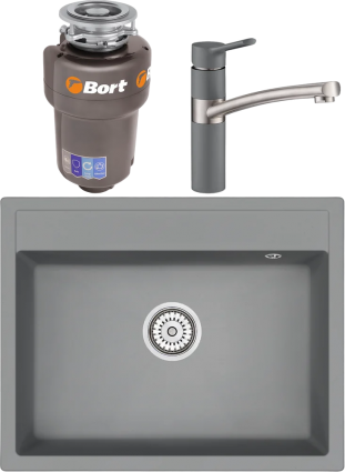 Комплект Мойка кухонная Emar Quartz + Смеситель 3011.9 Алмаз + Измельчитель Bort Titan Max Power