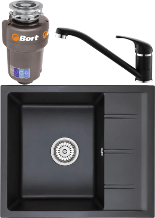 Комплект Мойка кухонная Emar Quartz + Смеситель 3009.12 Оникс + Измельчитель Bort Titan 5000