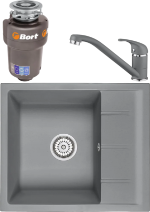 Комплект Мойка кухонная Emar Quartz + Смеситель 3009.9 Алмаз + Измельчитель Bort Titan 5000 Control