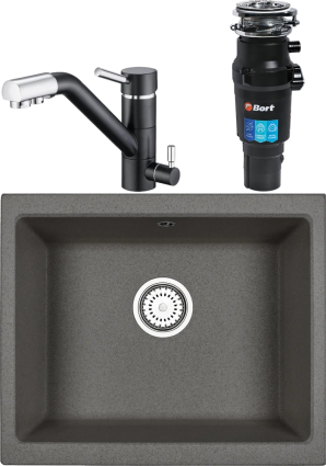 Комплект Мойка кухонная Emar Quartz + Смеситель 3008.12 Оникс + Измельчитель Bort Titan 7000