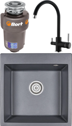 Комплект Мойка кухонная Emar Quartz + Смеситель 3007.12 Оникс + Измельчитель Bort Titan 5000 Control