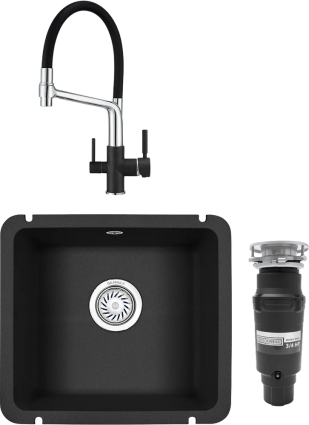 Комплект Мойка кухонная Granula GR-3601 черная + Смеситель GR-0083 GR-0083 черный с гибким изливом + Измельчитель Bone Crusher BC 910-SL-Slim Line