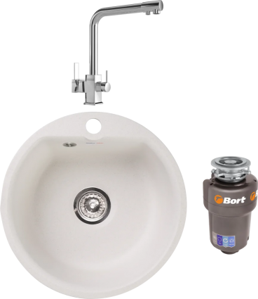 Комплект Мойка кухонная GranFest Smart SM 435 белый + Смеситель MEGA Life MG-TK06 хром + Измельчитель Bort Titan Max Power