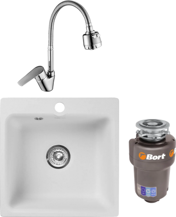 Комплект Мойка кухонная GranFest Smart SM 430 белый + Смеситель Rossinka S S35-26 с гибким изливом + Измельчитель Bort Titan 5000 Control