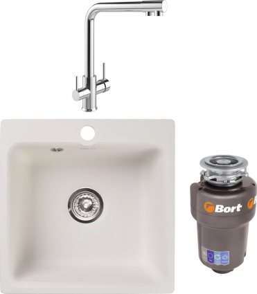 Комплект Мойка кухонная GranFest Smart SM 430 белый + Смеситель MEGA Life MG-TK05 хром + Измельчитель Bort Titan 5000