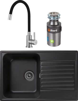 Комплект Мойка кухонная GranFest Quarz Z78 черный + Смеситель ESKO Snake K44 B хром, черный, с гибким изливом + Измельчитель Bort Titan 4000 Plus