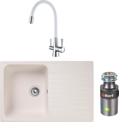 Комплект Мойка кухонная GranFest Quarz Z78 белый + Смеситель Lemark Comfort LM3075C-White с гибким изливом, хром, белый + Измельчитель Bort Titan 4000 Control