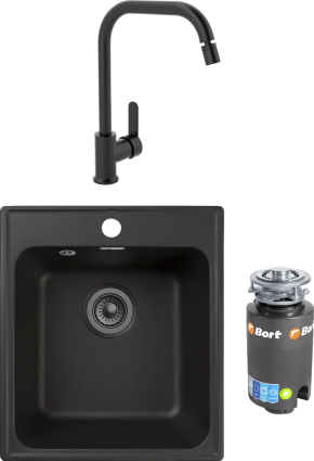 Комплект Мойка кухонная GranFest Quarz Z17 черный + Смеситель MEGA City MG- ZRV104-B черный + Измельчитель Bort Titan 4000