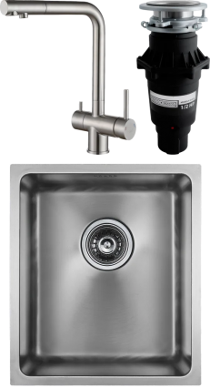 Комплект Мойка кухонная Paulmark Vista PM904438-BS брашированная нержавеющая сталь + Смеситель Skalen Sk213020-SS + Измельчитель Bone Crusher BC 810-SL Slim Line