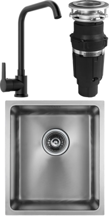 Комплект Мойка кухонная Paulmark Vista PM904438-BS брашированная нержавеющая сталь + Смеситель MEGA Ege MG-PL10-B черный + Измельчитель Bone Crusher BC 610-AS