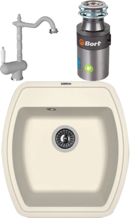 Комплект Мойка кухонная Florentina Нире 480 жасмин + Измельчитель Bort Titan 4000 Control + Смеситель Ода FL жасмин