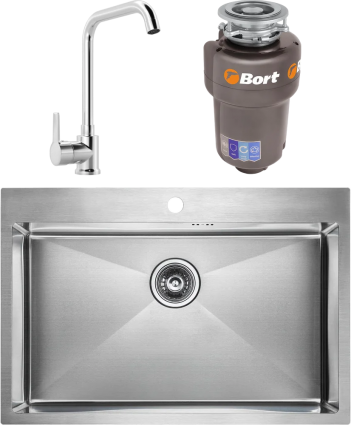 Комплект Мойка кухонная Paulmark Vast PM217551-BS брашированная нержавеющая сталь + Смеситель MEGA Ege MG-PL10 хром + Измельчитель Bort Titan Max Power