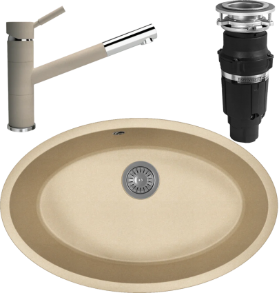 Комплект Мойка кухонная Florentina Вега Овал бежевая + Смеситель Фита FL бежевый + Измельчитель Bone Crusher BC 610-AS