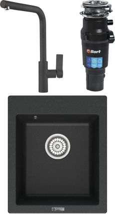 Комплект Мойка кухонная Point Динара 42 черная + Смеситель PN3102 черный + Измельчитель Bort Titan 7000