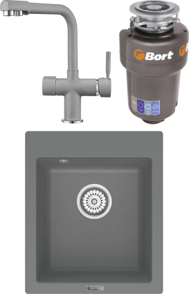 Комплект Мойка кухонная Point Динара 42 серая + Смеситель PN3104 серый + Измельчитель Bort Titan 5000