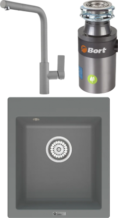 Комплект Мойка кухонная Point Динара 42 серая + Смеситель PN3102 серый + Измельчитель Bort Titan 4000 Control