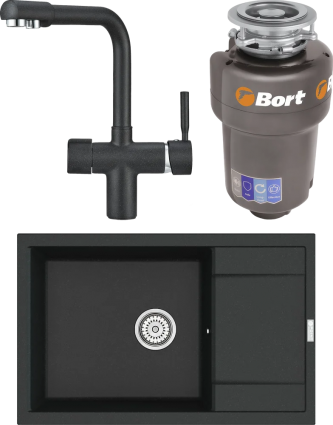 Комплект Мойка кухонная Point Велета 78 черная + Смеситель PN3104 черный + Измельчитель Bort Titan Max Power