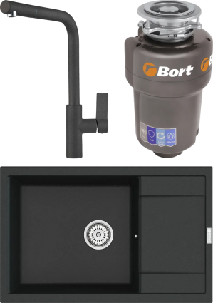 Комплект Мойка кухонная Point Велета 78 черная + Смеситель PN3102 черный + Измельчитель Bort Titan 5000 Control