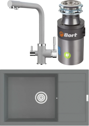 Комплект Мойка кухонная Point Велета 78 серая + Смеситель PN3103 серый + Измельчитель Bort Titan 4000 Control
