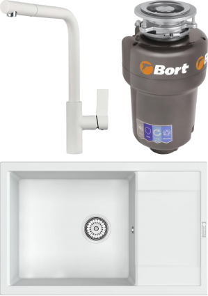 Комплект Мойка кухонная Point Велета 78 белая + Смеситель PN3102 белый + Измельчитель Bort Titan Max Power FullControl