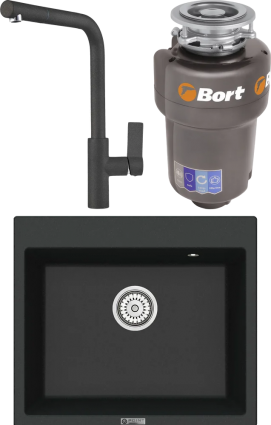 Комплект Мойка кухонная Point Бинга 60 черная + Смеситель PN3102 черный + Измельчитель Bort Titan 5000