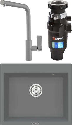 Комплект Мойка кухонная Point Бинга 60 серая + Смеситель PN3102 серый + Измельчитель Bort Master Eco