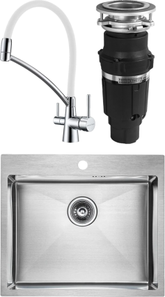 Комплект Мойка кухонная Paulmark Brim PM215951-BS брашированная нержавеющая сталь + Смеситель Siegen Si213111-CRw хром, с гибким изливом + Измельчитель Bone Crusher BC 610-AS