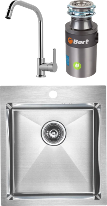 Комплект Мойка кухонная Paulmark Favore PM214551-BS брашированная нержавеющая сталь + Смеситель MEGA City MG- ZRV104 хром + Измельчитель Bort Titan 4000 Plus