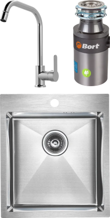 Комплект Мойка кухонная Paulmark Favore PM214551-BS брашированная нержавеющая сталь + Смеситель MEGA City MG- ZRV104 хром + Измельчитель Bort Titan 4000 Control