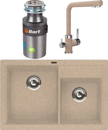 Комплект Мойка кухонная Florentina Касси 780 песочный + Смеситель Арес FL песочный + Измельчитель Bort Titan 4000 Plus