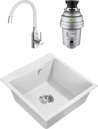 Комплект Мойка кухонная Milacio Murcia Cuarzo 51 MC.77022 белая + Смеситель Dorff Logic D3007633 хром, белый, с гибким изливом + Измельчитель Zorg Inox D