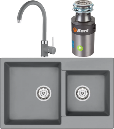 Комплект Мойка кухонная Emar Quartz + Смеситель 3004.9 Алмаз + Измельчитель Bort Titan 4000 Plus
