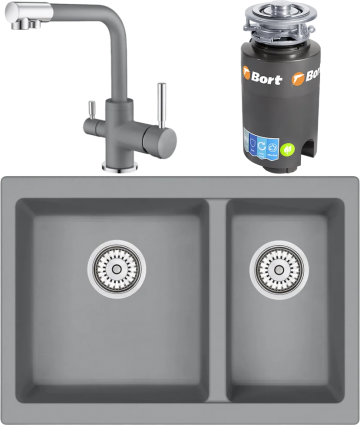 Комплект Мойка кухонная Emar Quartz + Смеситель 3003N.9 Алмаз + Измельчитель Bort Titan 4000