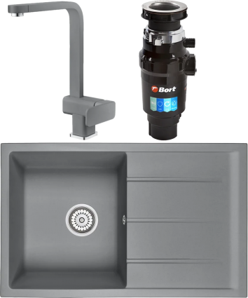 Комплект Мойка кухонная Emar Quartz + Смеситель 3014.9 Алмаз + Измельчитель Bort Master Eco