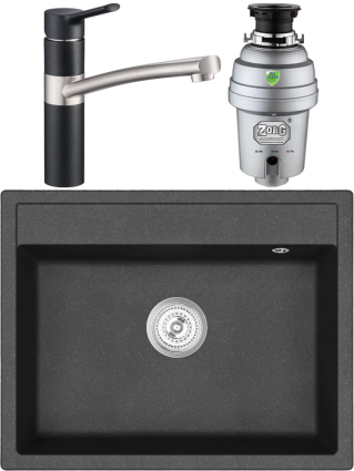Комплект Мойка кухонная Emar Quartz + Смеситель 3011.12 Оникс + Измельчитель Zorg Inox D