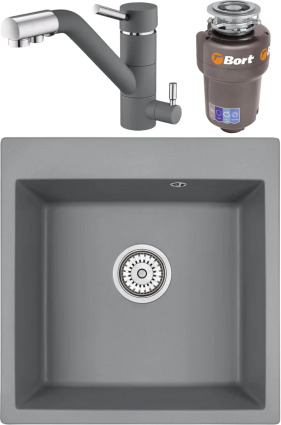 Комплект Мойка кухонная Emar Quartz + Смеситель 3008.9 Алмаз + Измельчитель Bort Titan Max Power FullControl