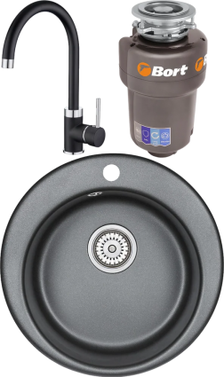 Комплект Мойка кухонная Emar Quartz + Смеситель 3004.12 Оникс + Измельчитель Bort Titan Max Power