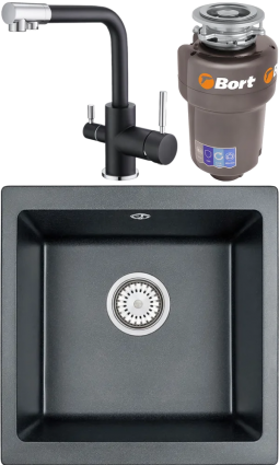 Комплект Мойка кухонная Emar Quartz + Смеситель 3003N.12 Оникс + Измельчитель Bort Titan 5000 Control
