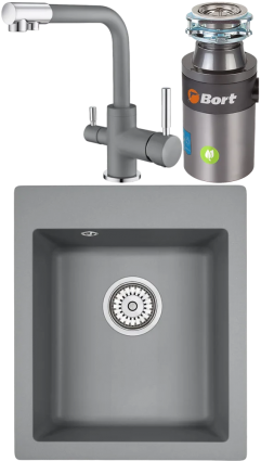 Комплект Мойка кухонная Emar Quartz + Смеситель 3003N.9 Алмаз + Измельчитель Bort Titan 4000 Plus